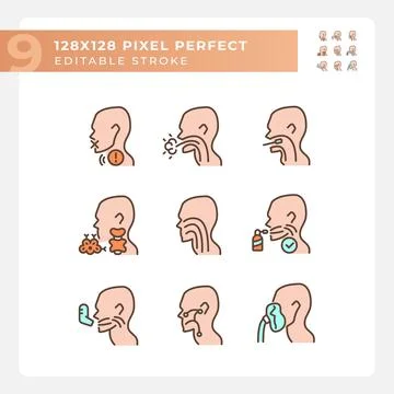Throat problem diagnostics pixel perfect RGB color icons set 스톡 일러스트