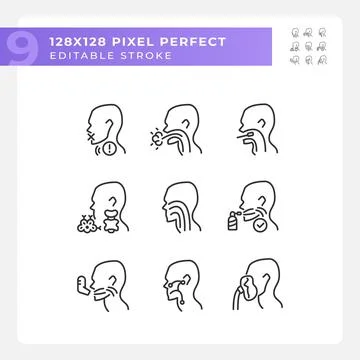 Throat problem diagnostics pixel perfect linear icons set Stock Illustration