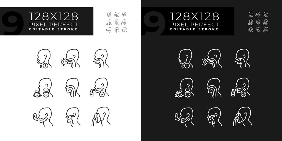 Throat problem diagnostics pixel perfect linear icons set for dark, light mode 스톡 일러스트