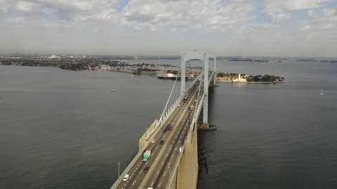 Throgs Neck Bridge span toward the Bronx across the water Stock Footage 97154100