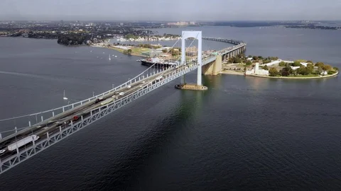 Throgs Neck Bridge spanning East River toward Bronx Stock Footage 97154941