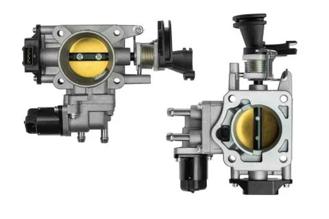 Throttle body assembly with sensor on a white background Foto stock