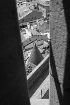 Through an arrouw slit in Olite Stock Photos