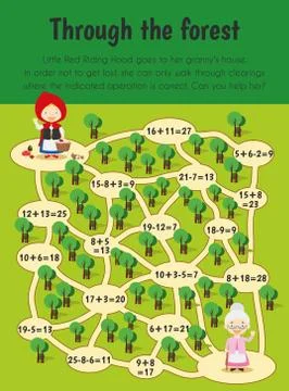 Through the forest Educational Sheet. Primary module for Numerical Ability. 5 Illustrazione stock