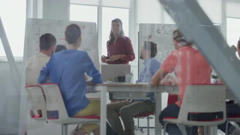Through glass afro lady presenting project office. Team meeting boardroom Stock Footage 152748096