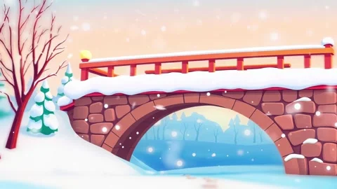 Through the Snow Frame: A Charming Cartoon Bridge Beckoning with Wintery Scener Video stock 308844411