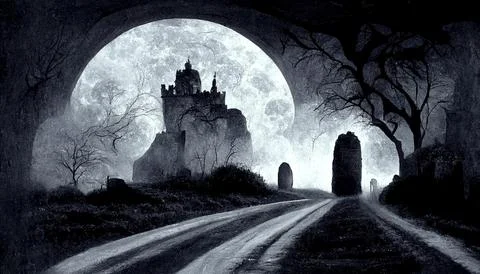 Through stretched road grave to castle spooky in night of full moon. Stock Illustration