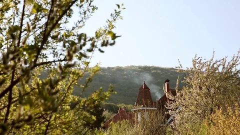 Through the trees you can see a house that burns and goes white smoke. Fire Stock Footage 76098604