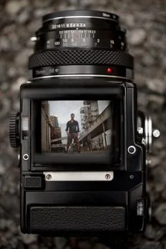 Through the viewfinder of an old medium format camera Stock Photos