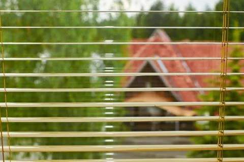 Through window blinds on a tree a red roof Stock Photos