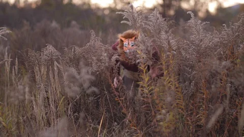Through the yellow grass the guy in a tiger's mask slips, stops, runs away 4K Stock Footage 100067453