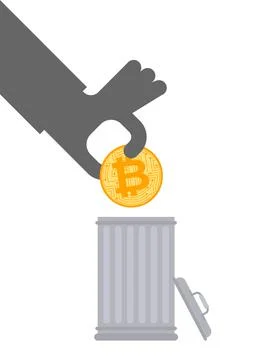Throw away bitcoin. Cryptocurrency in Trash can. Throw e-money in trash Stock Illustration