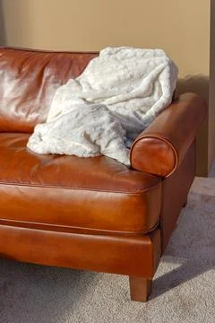 Throw Blanket Leather Couch Stock Photos