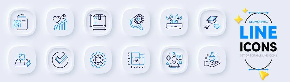 Throw hats, Floor plan and Solar panels line icons for web app. Pictogram icon Stock-Illustration