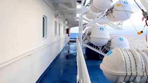 Throw overboard Davit launched self inflating boat liferaft onboard ship Stock Footage 112317382