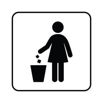 Throw trash in bin sign litter disposal icon person female woman putting waste Illustrazione stock