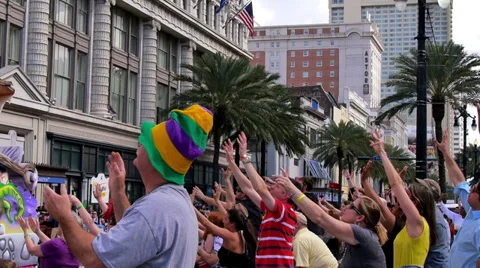 Throwing Beads from a Mardi Gras Parade Float 4095 Stock Footage 35796504