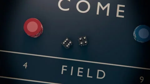 Throwing black dice with white pips tumbling across FIELD on craps table, Stock Footage 340268365