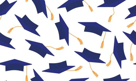 Throwing of dark blue mortarboard on white background. Seamless pattern of sq Stock Illustration