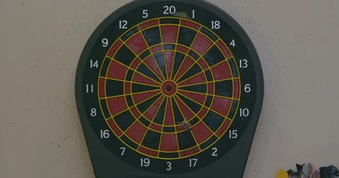 Throwing Darts at Electronic Dart Board in Game Room - Wide Shot Stock-Footage 88225423