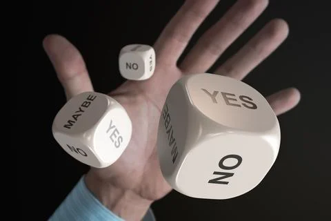 Throwing dice with options for the answer: yes, no, or maybe 写真素材
