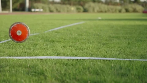 A throwing disc falling on the lawn of a sports field, filmed in slow motion Stock Footage 320393382