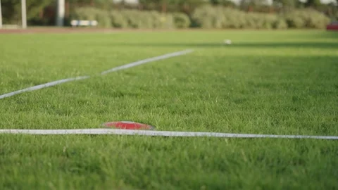 A throwing disc falling on the lawn of a sports field, filmed in slow motion Stock Footage 320393392