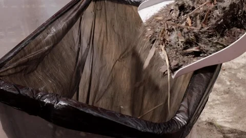 Throwing dust and debris into trash bin during balcony cleaning. Collecting dirt Stock Footage 304792308