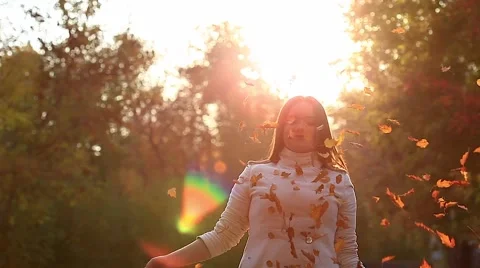 Throwing fall autumn leaves Stock Footage 43193770