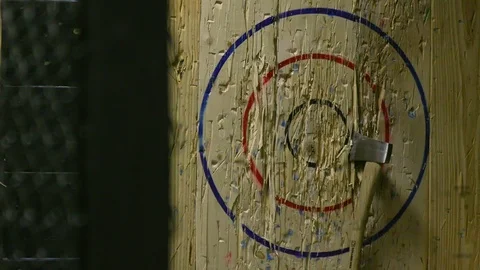 Throwing Felling Axe and Hitting Wood Target in Slow Motion Vídeo Stock 93533423