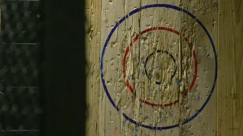 Throwing Felling Axe and Missing Wood Target in Slow Motion Stock Footage 93533400