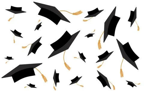 Throwing graduation caps with tossels. Vector illustration Stock Illustration