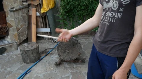 Throwing knife into a tree stump Stock Footage 113742906