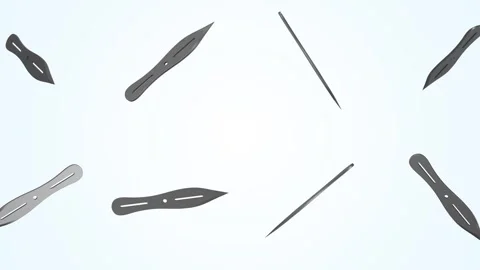 Throwing Knives Falling on a Light Blue Background. Throwing Knife 3D. 4K Stock Footage 311447781