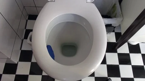 Throwing napkin and then flushing toilet in bathroom Stock Footage 83242471