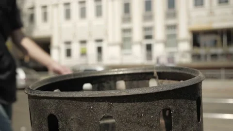Throwing paper cup in trash. environmental issues Stock Footage 163968256