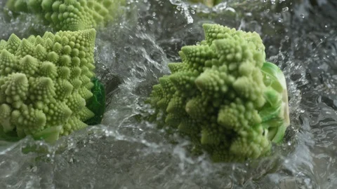 Throwing romanesco broccoli into boiling water. Slow Motion. Stock Footage 94087296