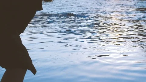 Throwing stones in a pond at sunset Stock Footage 70739686