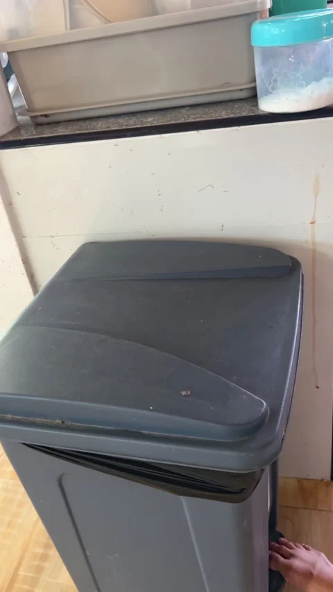 Throwing Used Tissue into Grey Pedal Trash Bin with Lid at Home Stock Footage 328911577