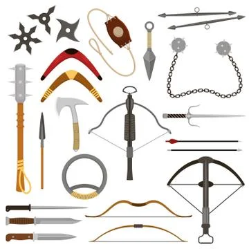 Throwing weapon vector crossbow sharp arrows and knife or axe illustration イラスト素材