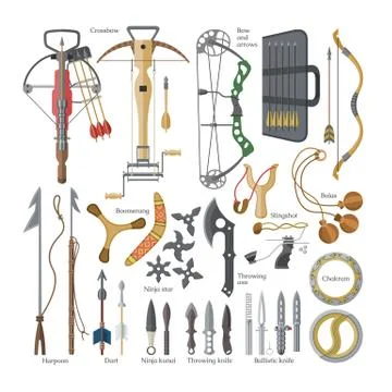 Throwing weapon vector sharp arrows of crossbow and knife or axe illustration イラスト素材