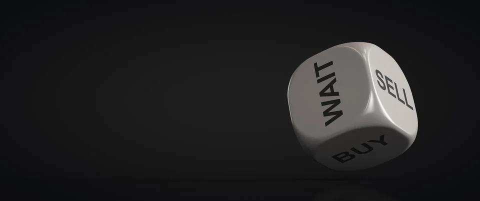 A thrown dice with a solution: buy, wait, or sell Stock Photos