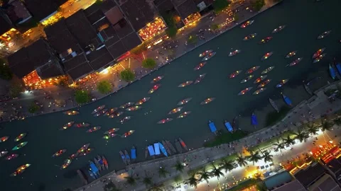 Thu Bon River by Night – Drone View of Hoi An's Colorful Lantern City Stock Footage 313088330