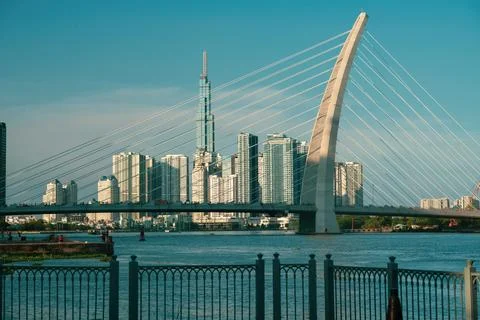 Thu Thiem Bridge view from Bach Dang Park Ho Chi Minh city Stock Photos