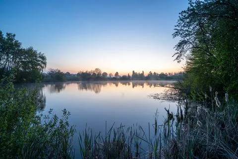 Thuerer meadows close to Mendig during sunrise, Eifel, Rhineland-Palatinate.. Stock Photos