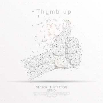 Thumb up digitally drawn low poly wire frame on white background. Stock Illustration