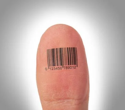 Thumb finger over a white background, barcode 스톡 일러스트