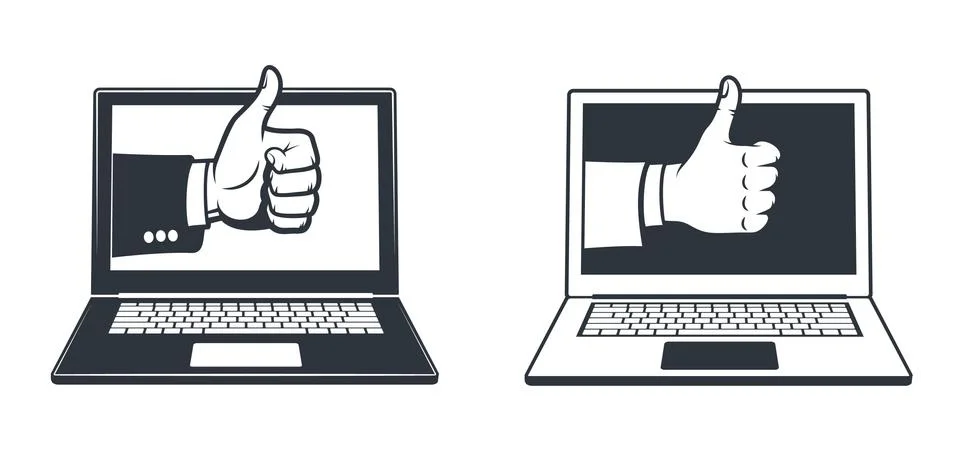 Thumb up gesture on computer display. Like sign on laptop screen. Illustrazione stock