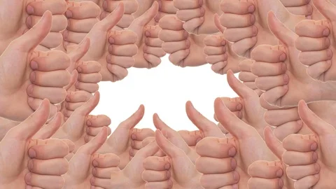 Thumb up likes animation converging to central blank space. Alpha channel Stock Footage 105629087