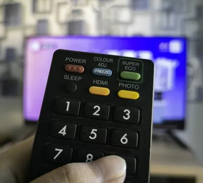 The thumb is on the remote control. Behind is a flat screen TV. Stock Photos